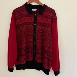 Vtg Cricket Lane Fair Isle Knit Sweater Black Button Front 80/90Nordic Geometric